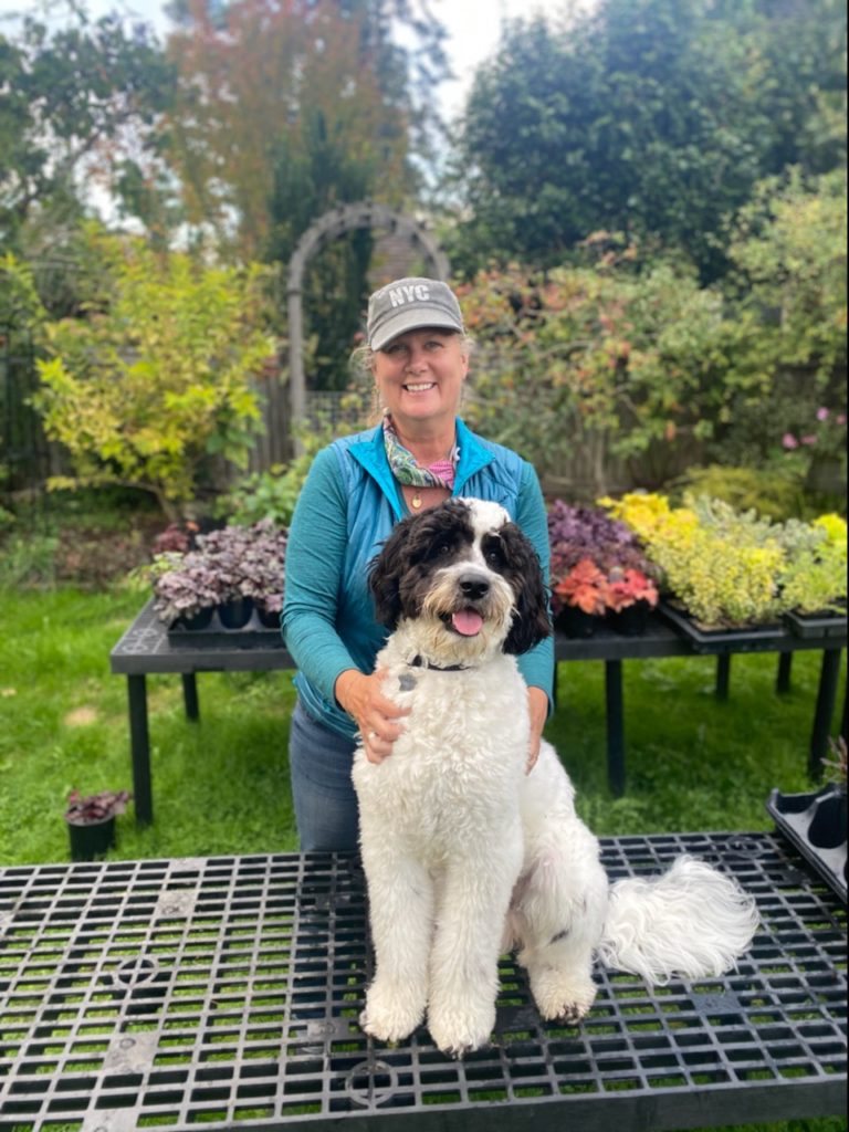 Cindy Funes with her garden dog